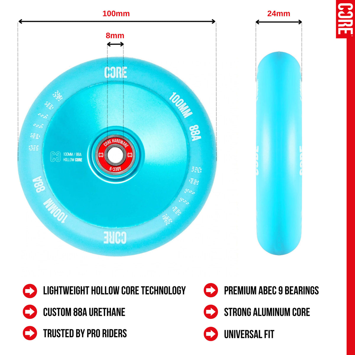 CORE Hollow Stunt Scooter Wheel 100mm - Mint Blue