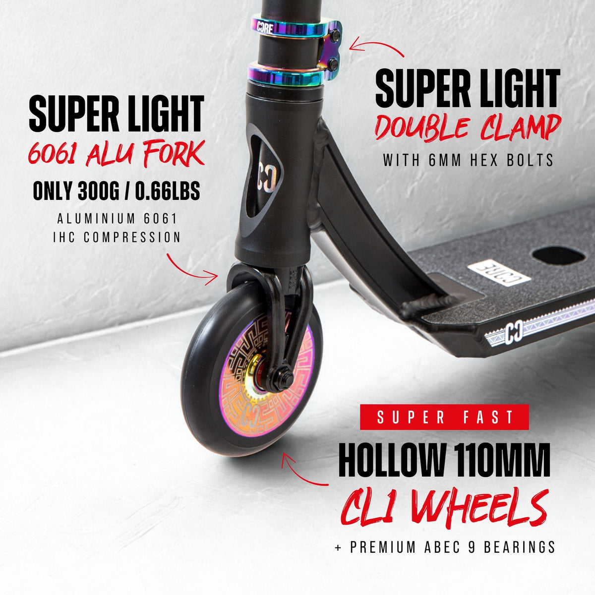 CORE CL1 complete stunt scooter in black and neochrome - lifestyle