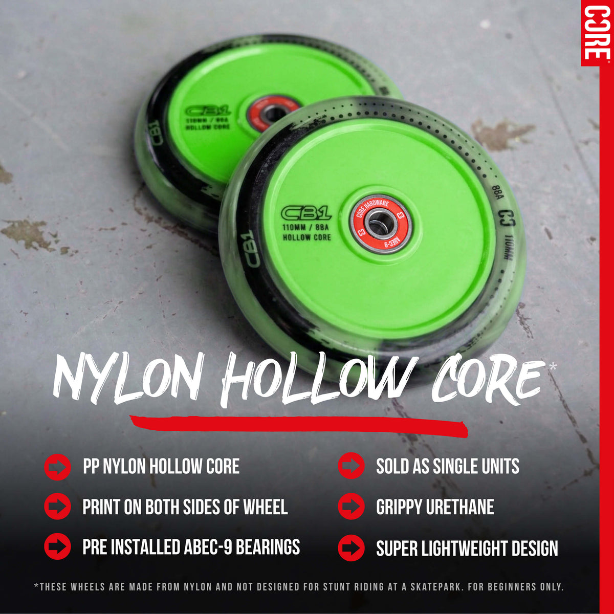 CORE CB1 Plastic Hollow Core Scooter Wheel 110mm - Black/Green