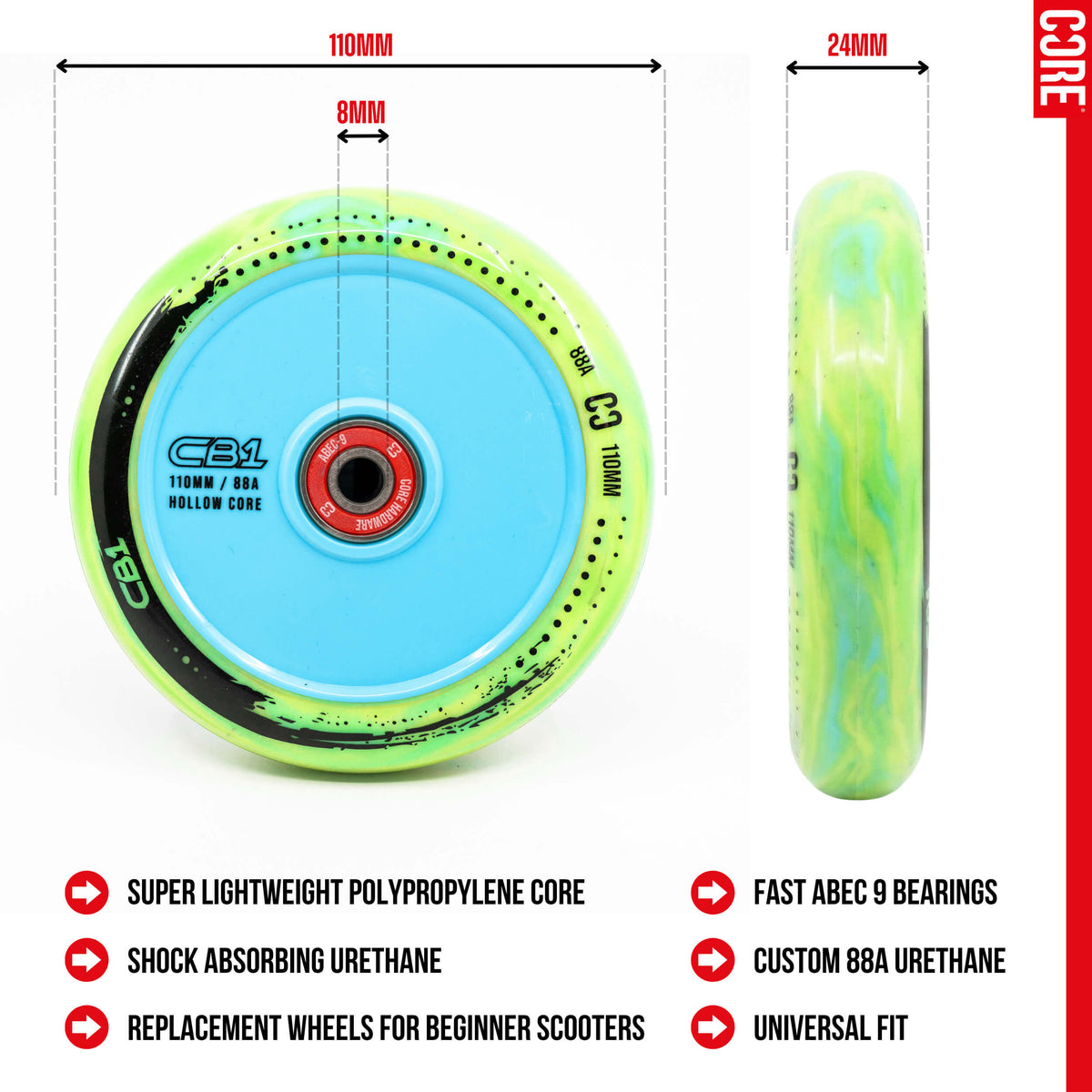 CORE CB1 Plastic Hollow Core Scooter Wheel 110mm - Lime/Blue