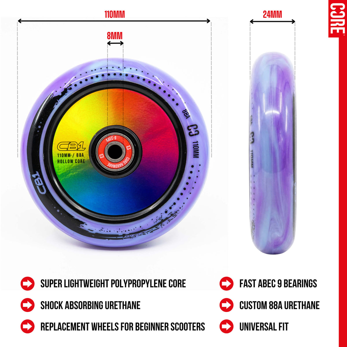 CORE CB1 Plastic Hollow Core Scooter Wheel 110mm - Black/Neo