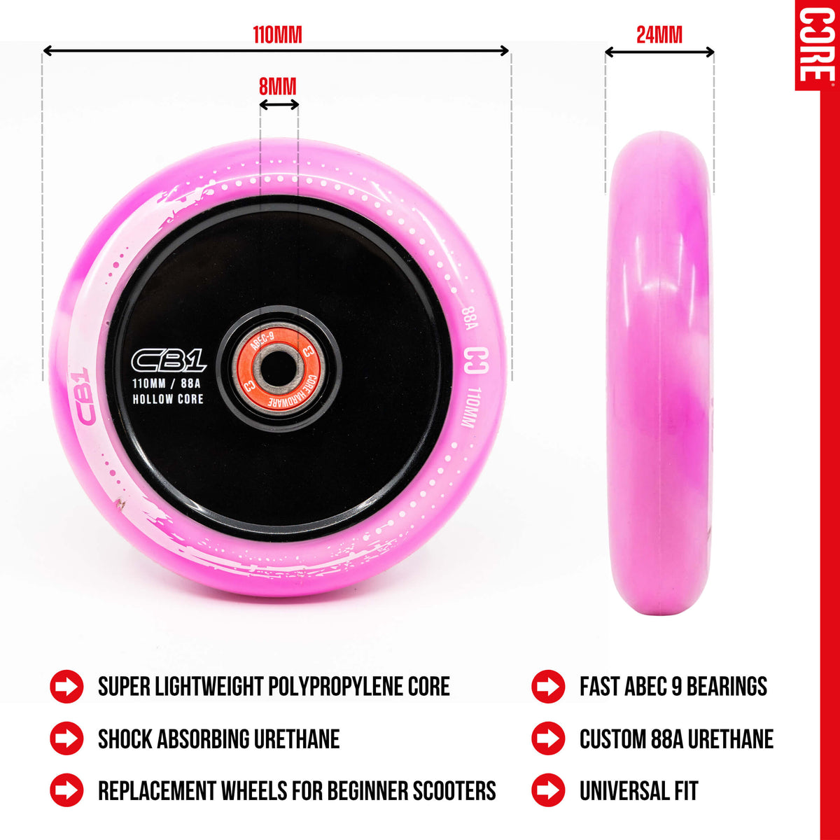 CORE CB1 Plastic Hollow Core Scooter Wheel 110mm - White/Pink