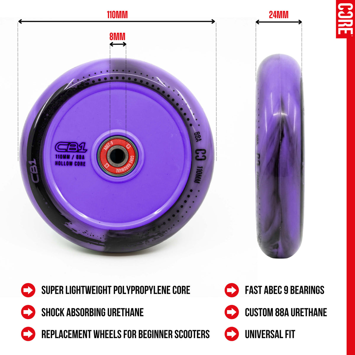 CORE CB1 Plastic Hollow Core Scooter Wheel 110mm - Black/Purple