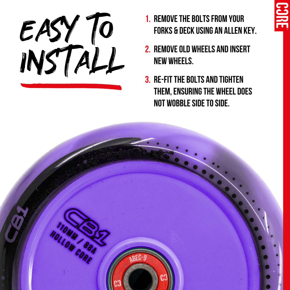 CORE CB1 Plastic Hollow Core Scooter Wheel 110mm - Black/Purple