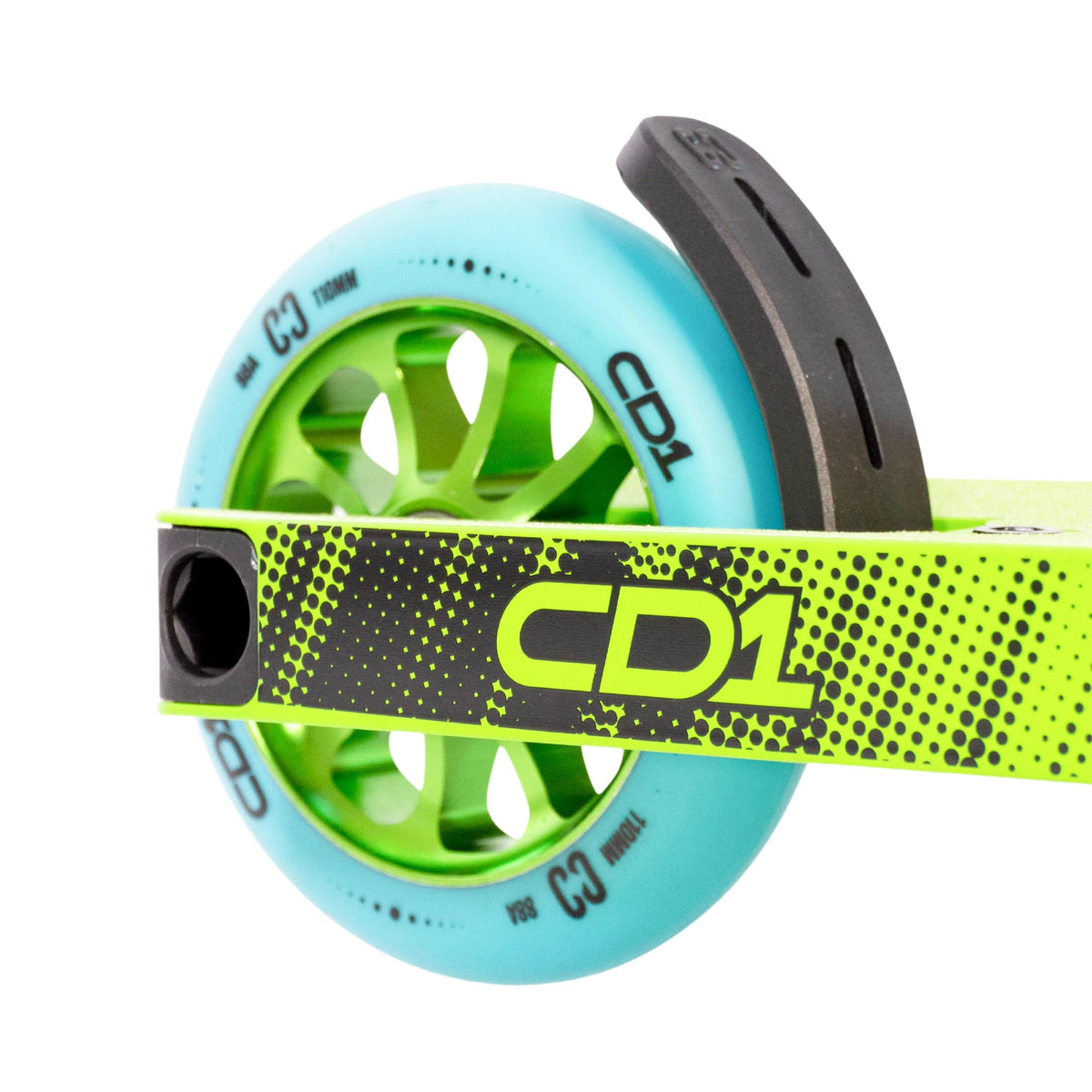 CORE CD1 complete stunt scooter in lime and teal - rear wheel detail