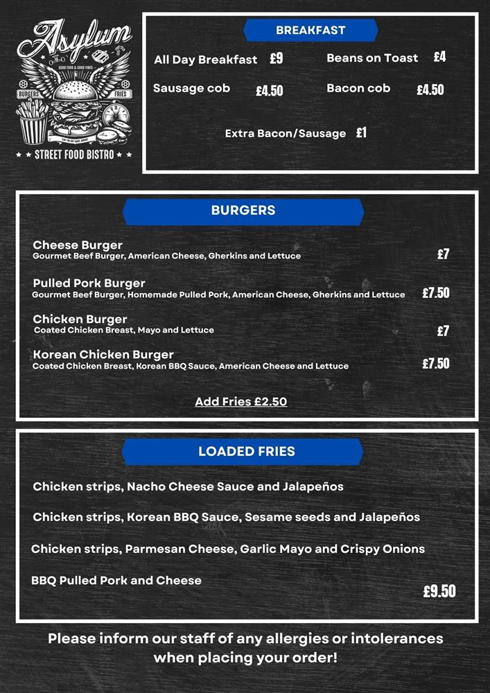 Asylum cafe menu sheet 1 — food and prices listed above