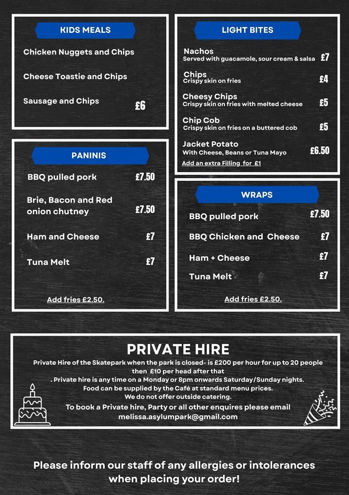 Asylum cafe menu sheet 2 — food and prices listed above