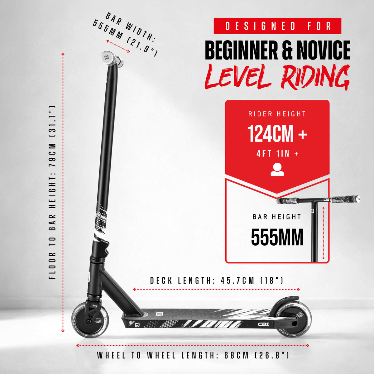 CORE CB1 beginner stunt scooter in black - size and measurements guide