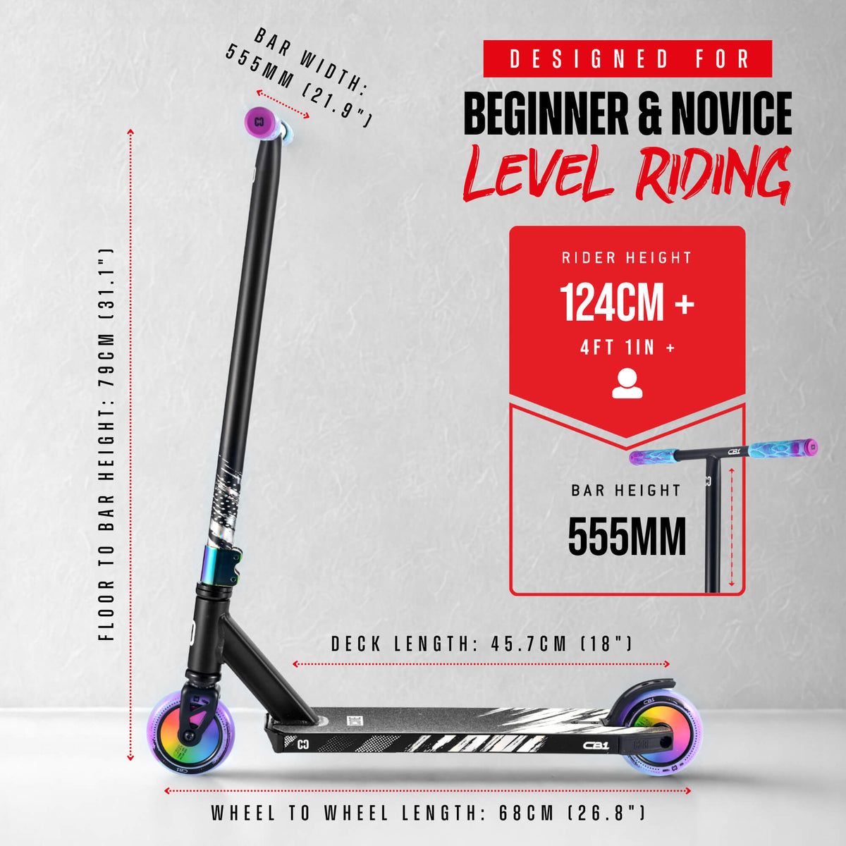 CORE CB1 beginner stunt scooter in black and neochrome - size and measurements guide