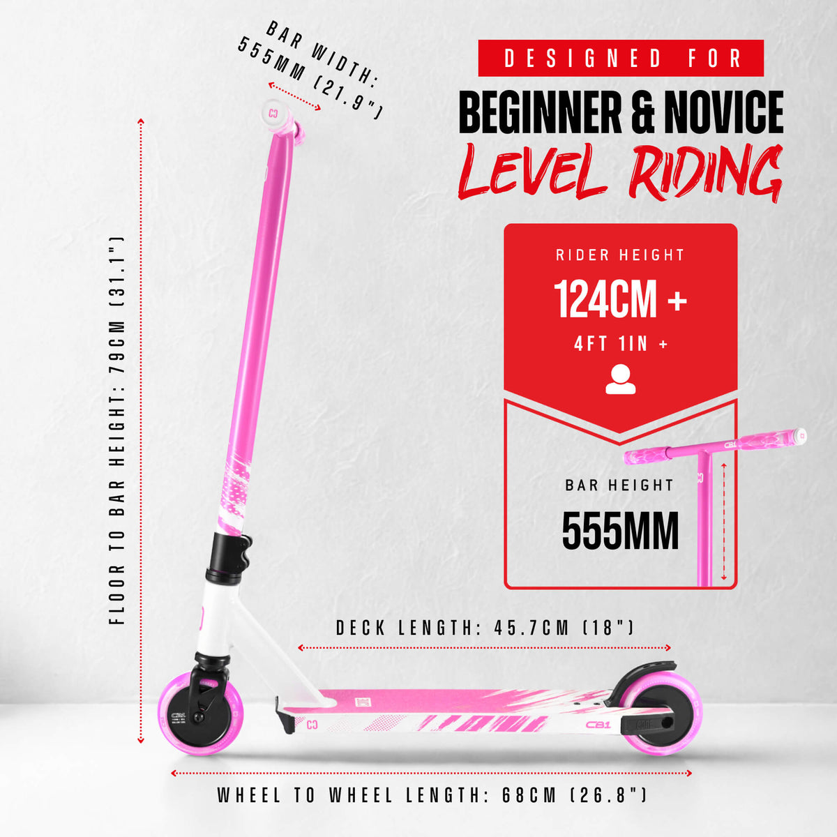 CORE CB1 beginner stunt scooter in white and pink - size and measurements guide