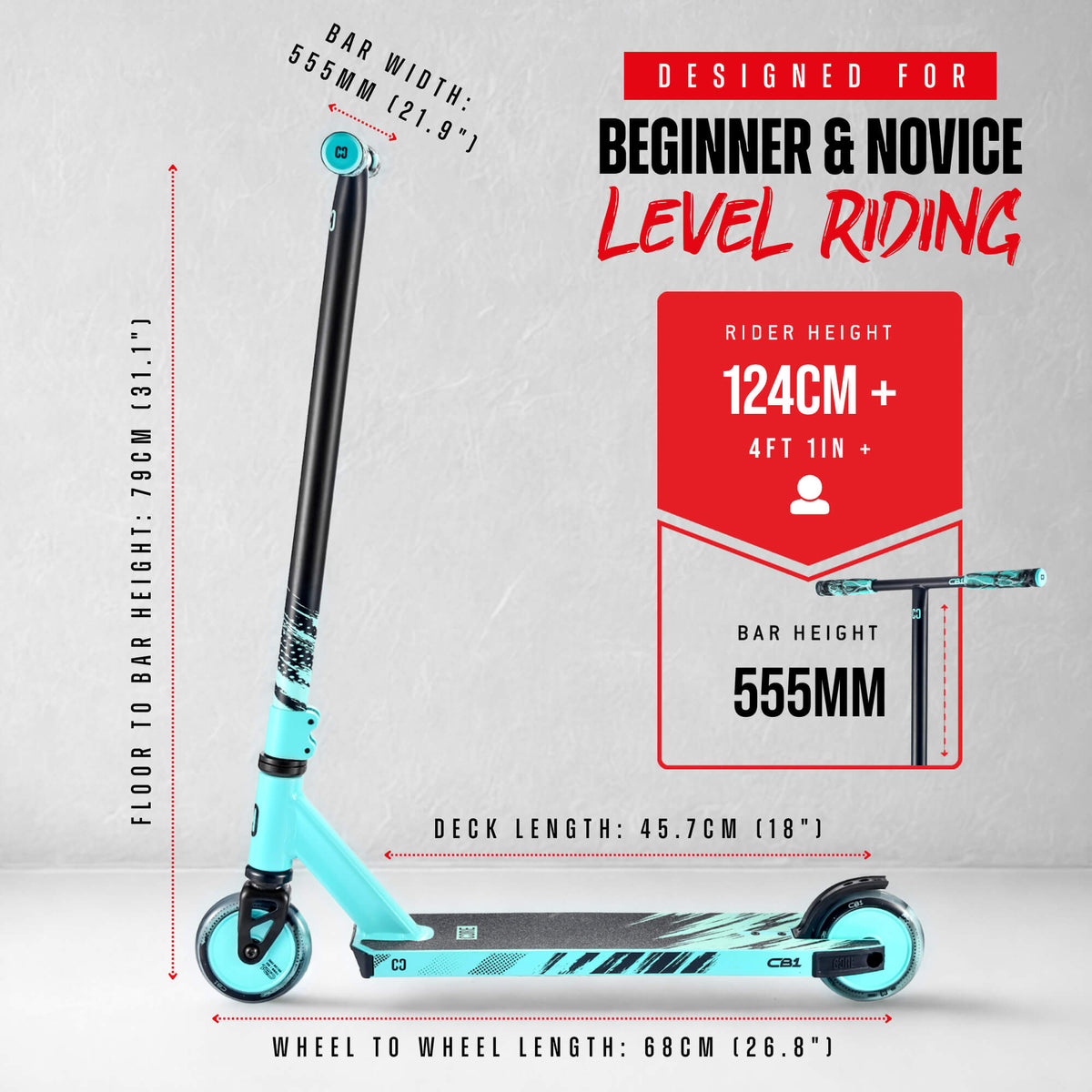 CORE CB1 beginner stunt scooter in teal and black - size and measurements guide