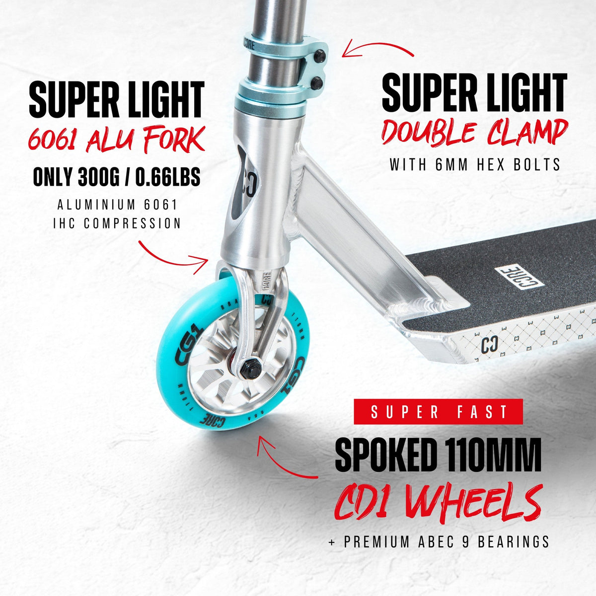 CORE CG1 complete stunt scooter in raw and teal