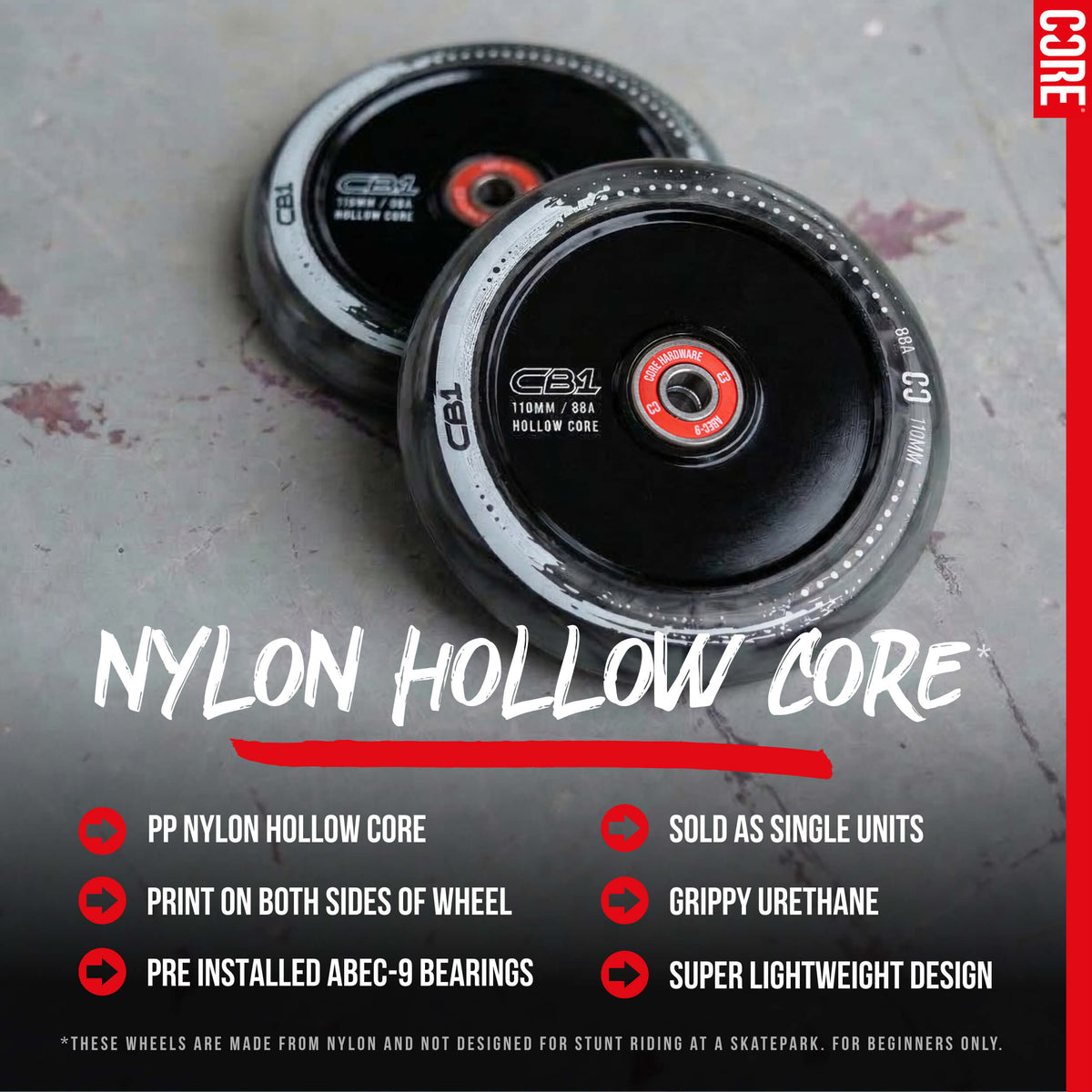 CORE CB1 Plastic Hollow Core Scooter Wheel 110mm - Black/White