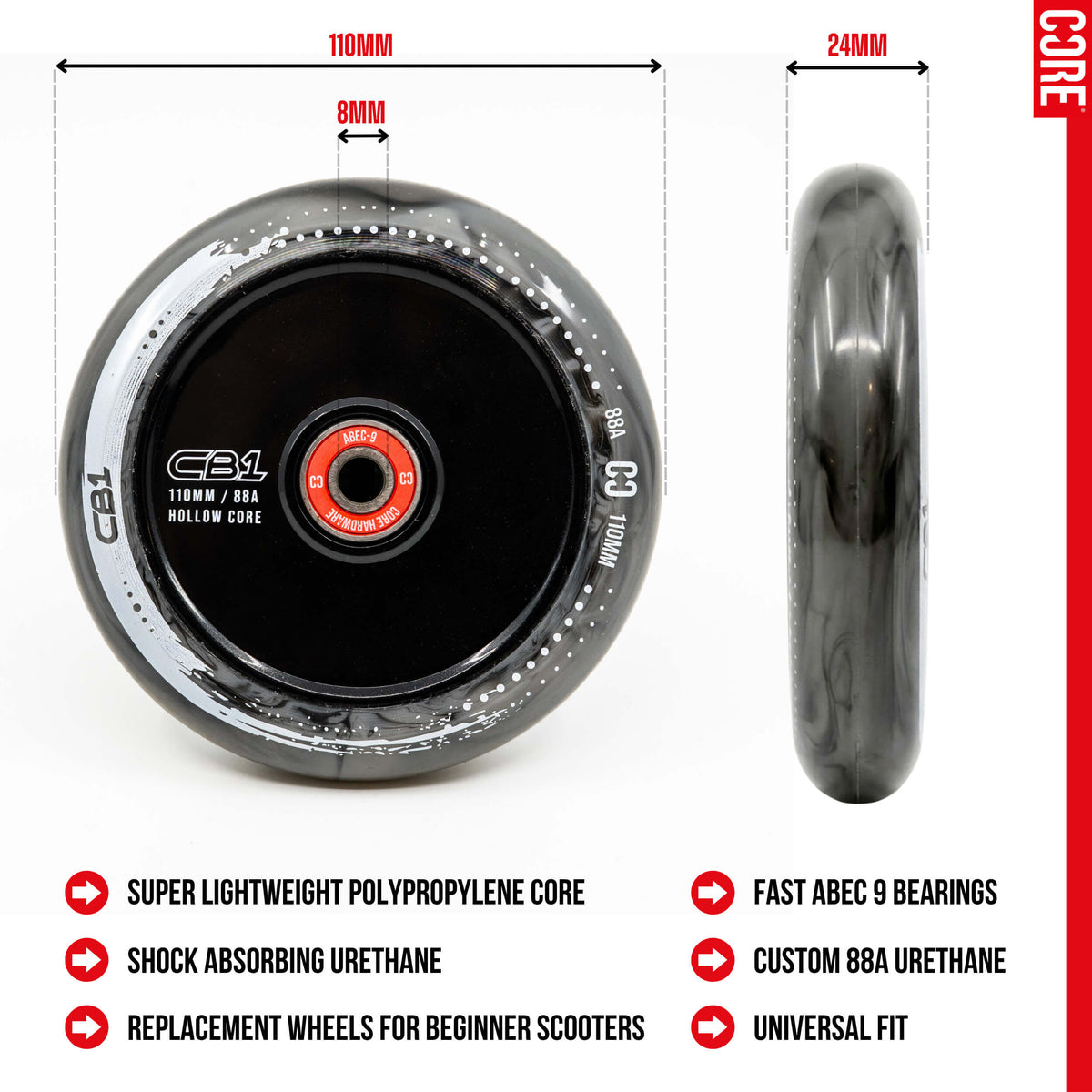 CORE CB1 Plastic Hollow Core Scooter Wheel 110mm - Black/White