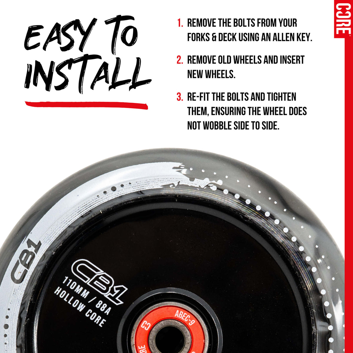 CORE CB1 Plastic Hollow Core Scooter Wheel 110mm - Black/White