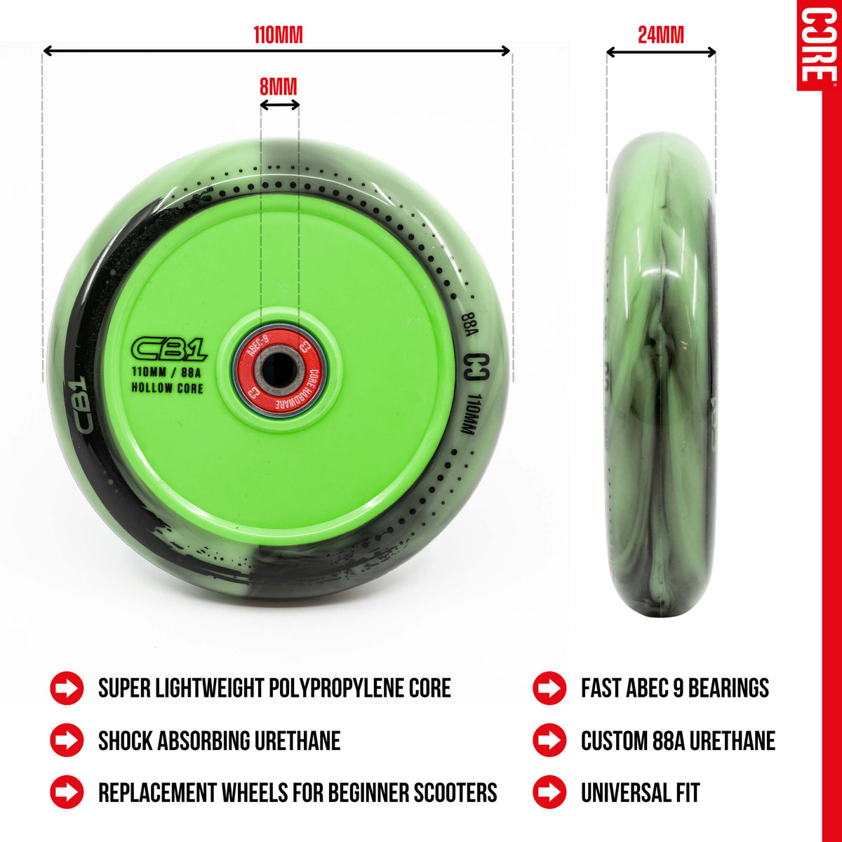 CORE CB1 Plastic Hollow Core Scooter Wheel 110mm -  Black/Green