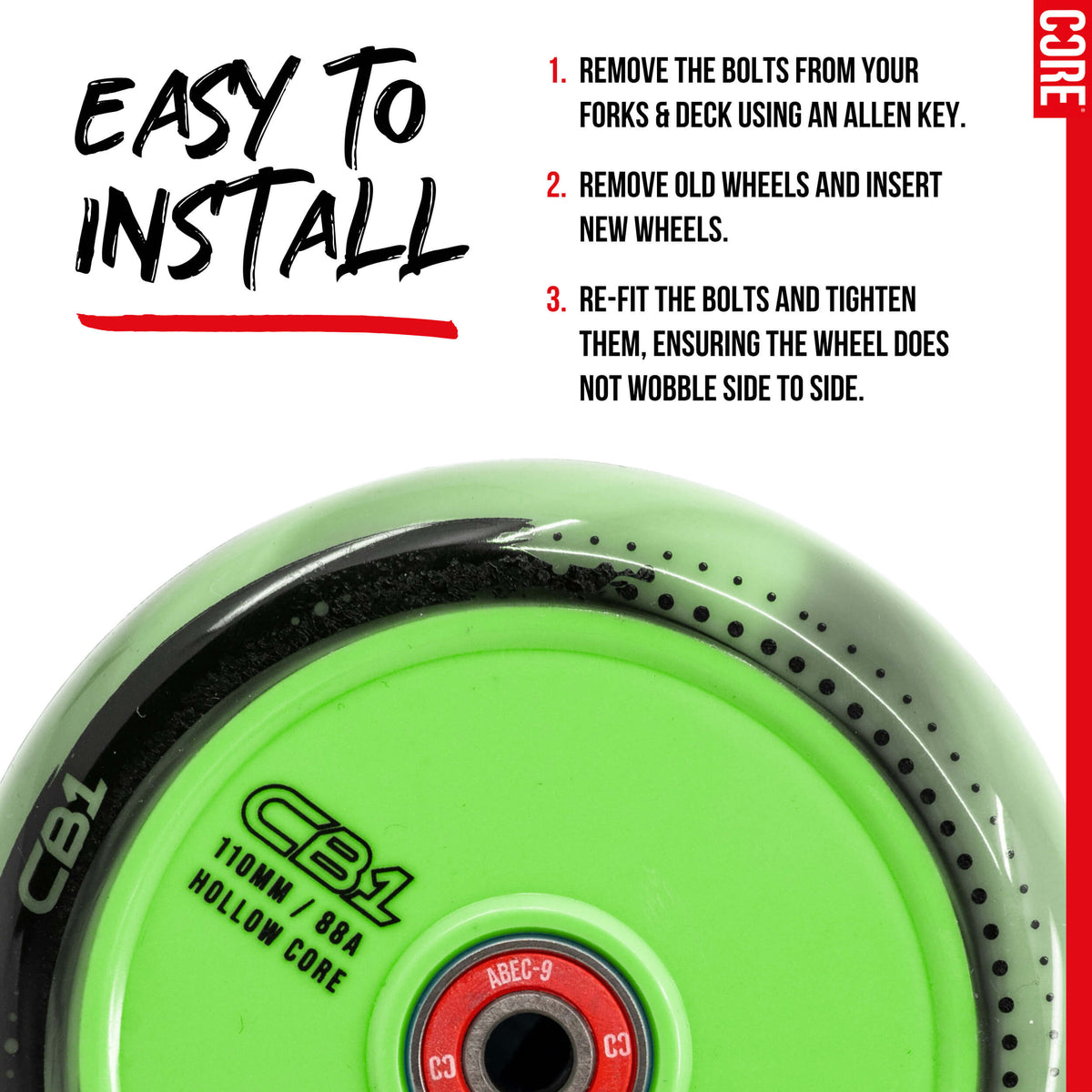 CORE CB1 Plastic Hollow Core Scooter Wheel 110mm -  Black/Green