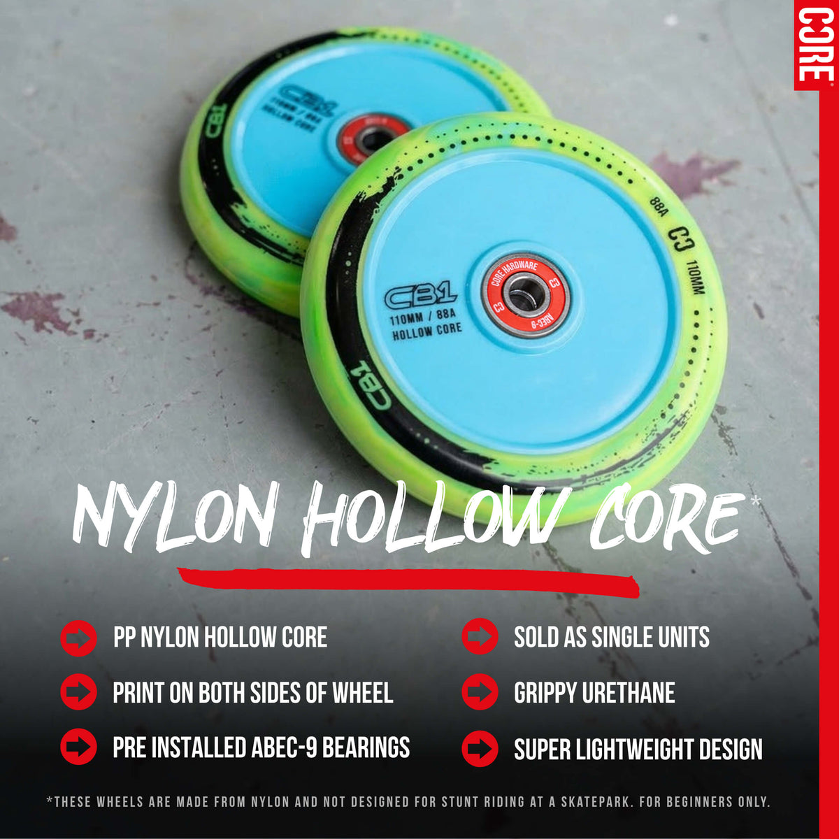 CORE CB1 Plastic Hollow Core Scooter Wheel 110mm -  Lime/Blue