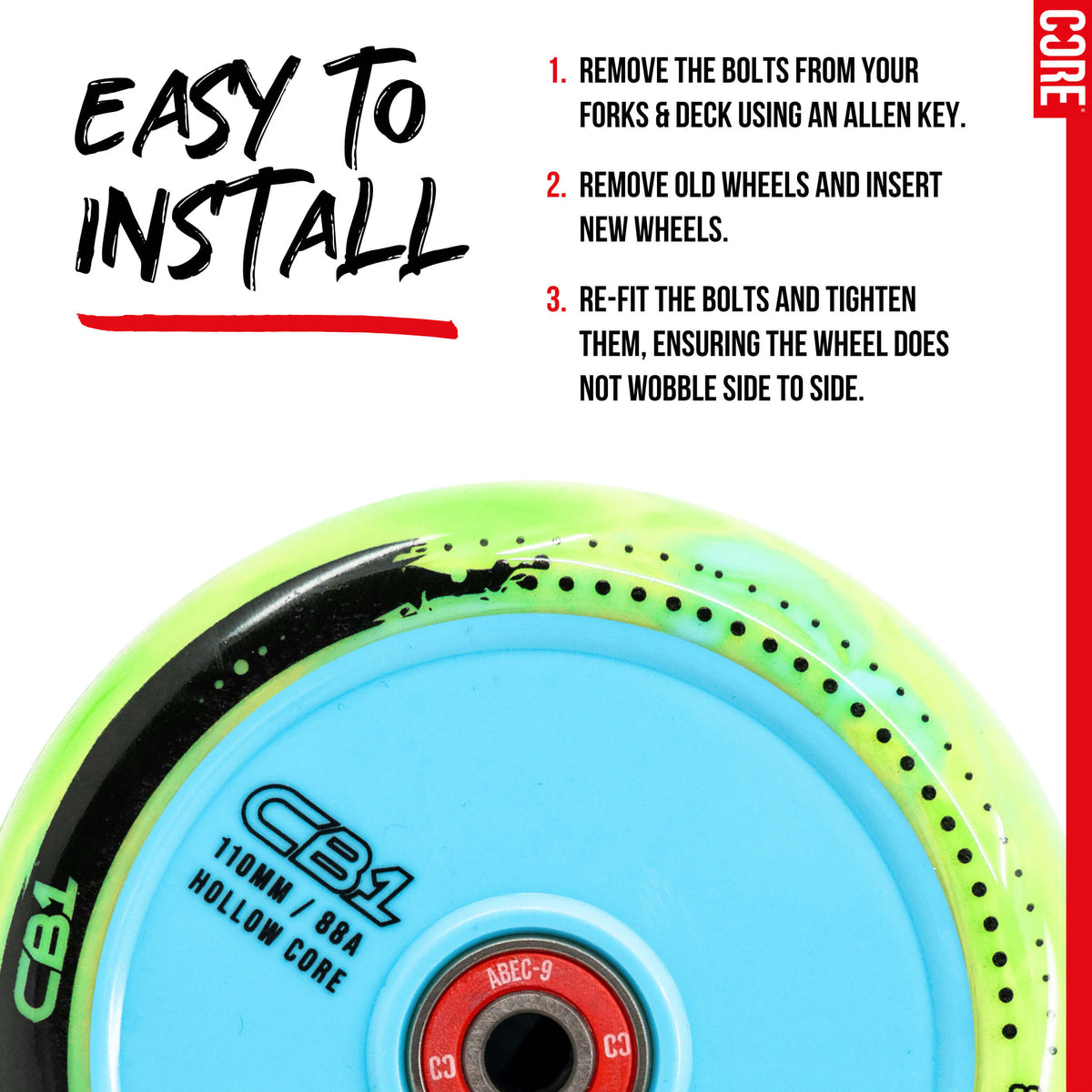 CORE CB1 Plastic Hollow Core Scooter Wheel 110mm -  Lime/Blue