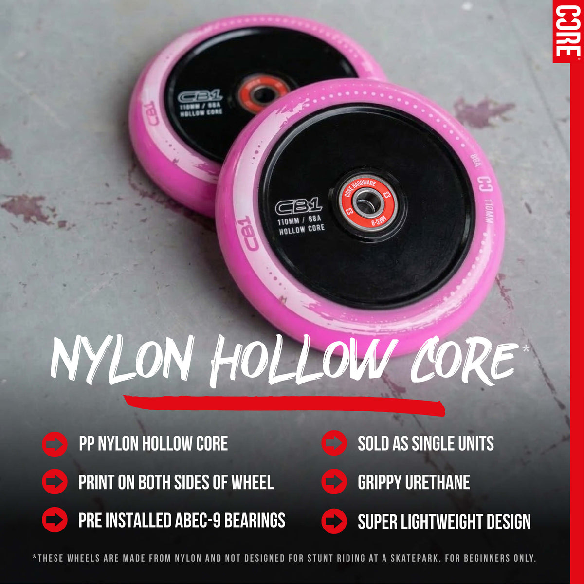 CORE CB1 Plastic Hollow Core Scooter Wheel 110mm - White/Pink