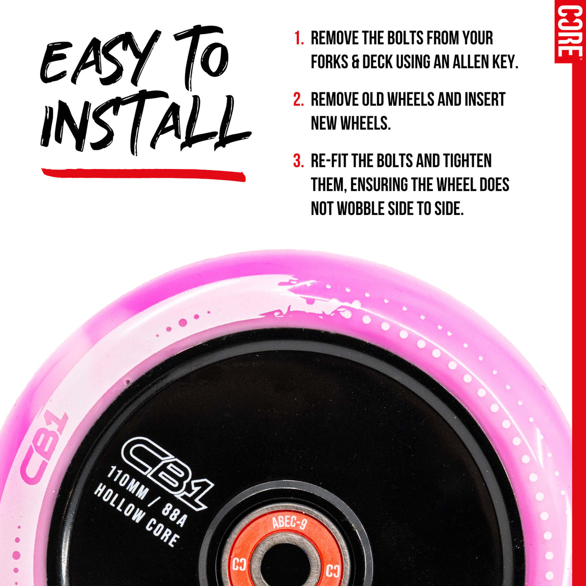 CORE CB1 Plastic Hollow Core Scooter Wheel 110mm - White/Pink