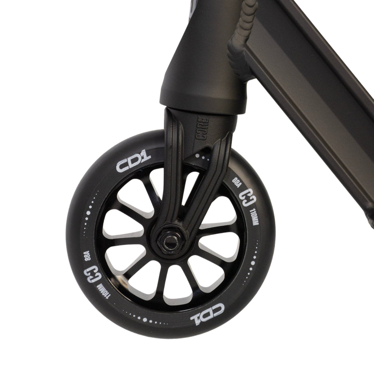 CORE CD1 complete stunt scooter in black - front wheel detail
