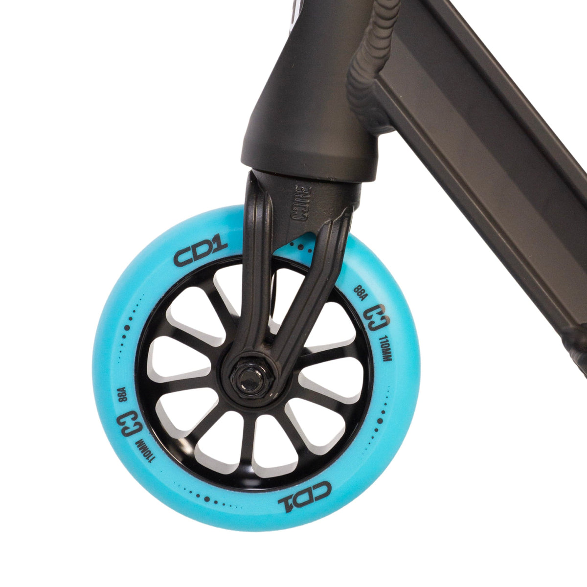 CORE CD1 complete stunt scooter in blue and black - front wheel detail
