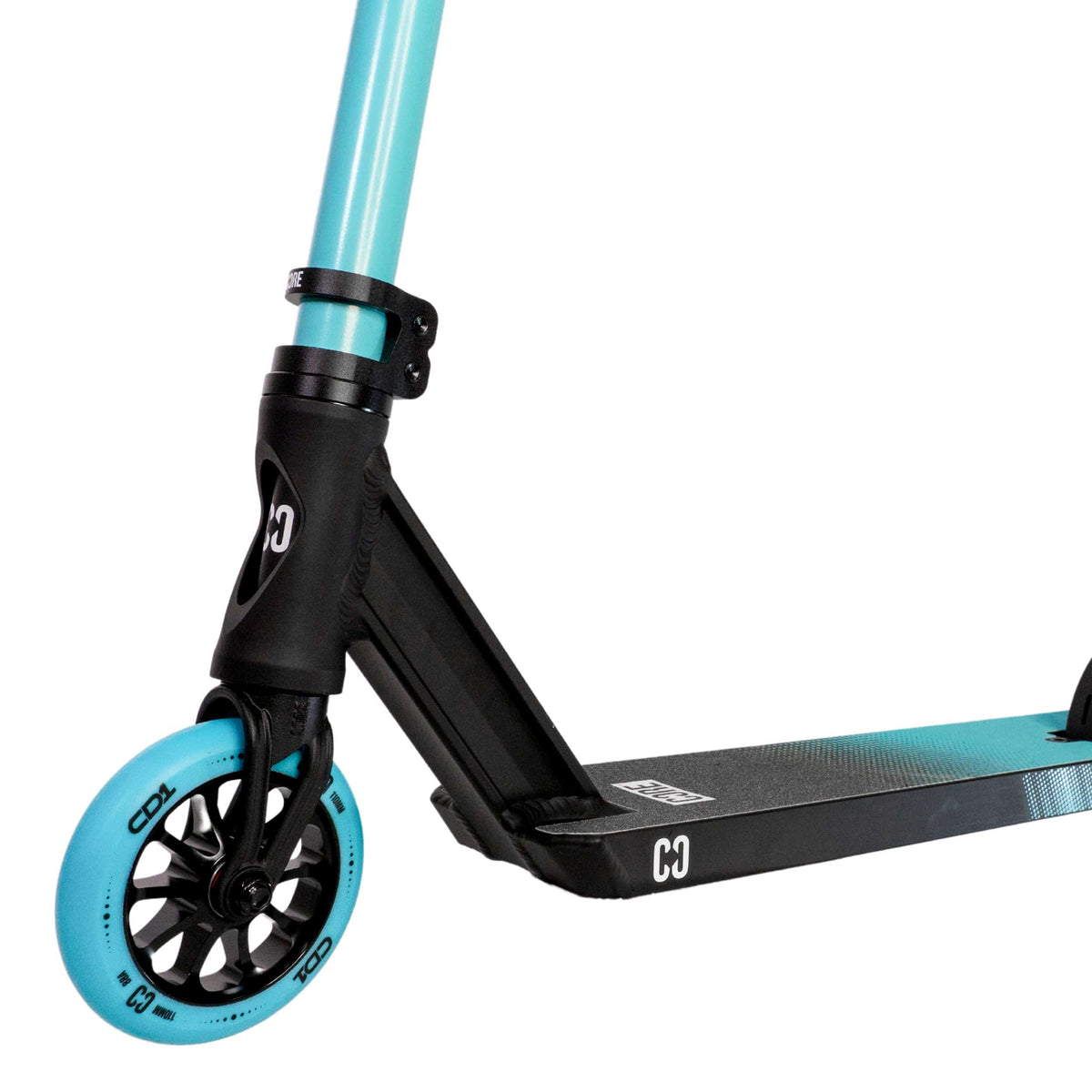 CORE CD1 complete stunt scooter in blue and black - front wheel detail