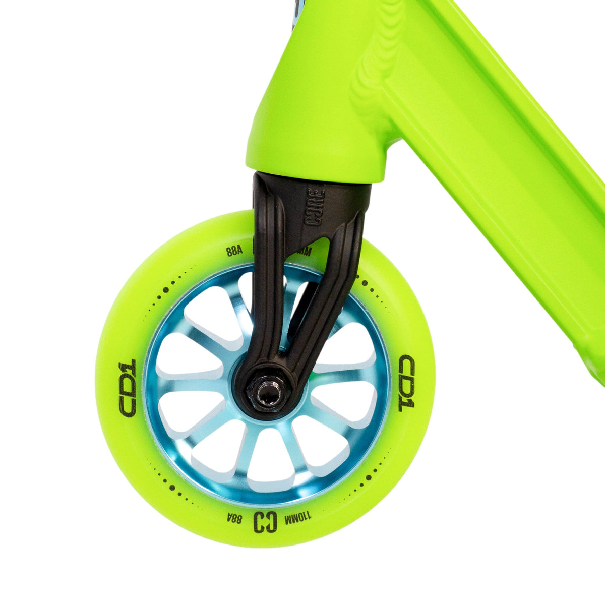 CORE CD1 complete stunt scooter in lime and teal - front wheel detail
