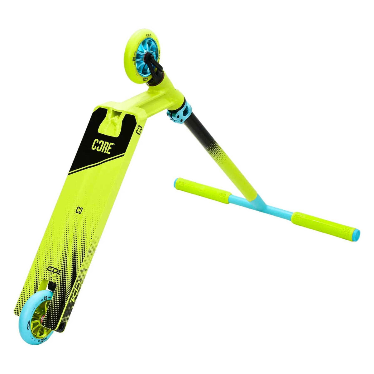 CORE CD1 complete stunt scooter in lime and teal - underside view
