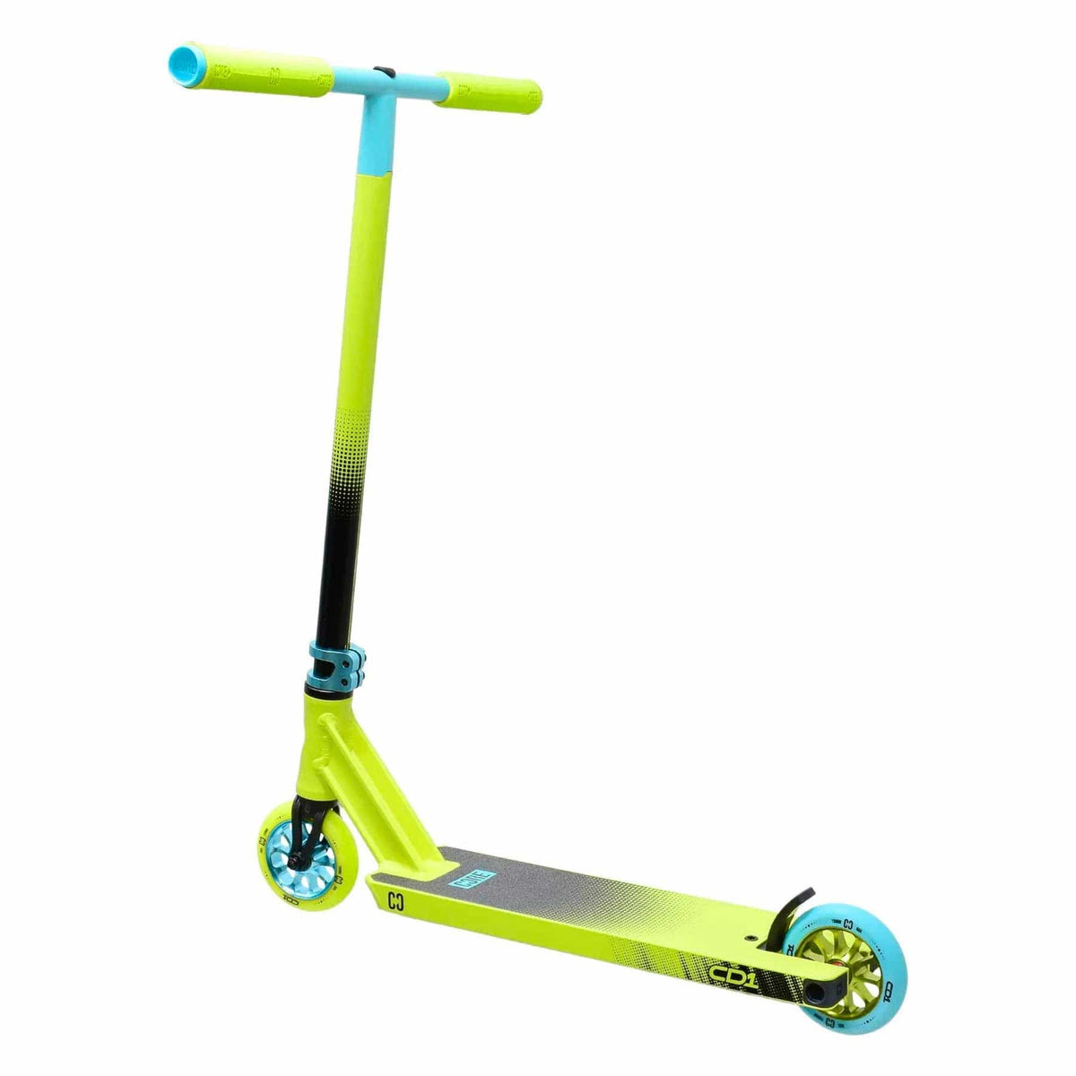 CORE CD1 complete stunt scooter in lime and teal - rear three-quarter view