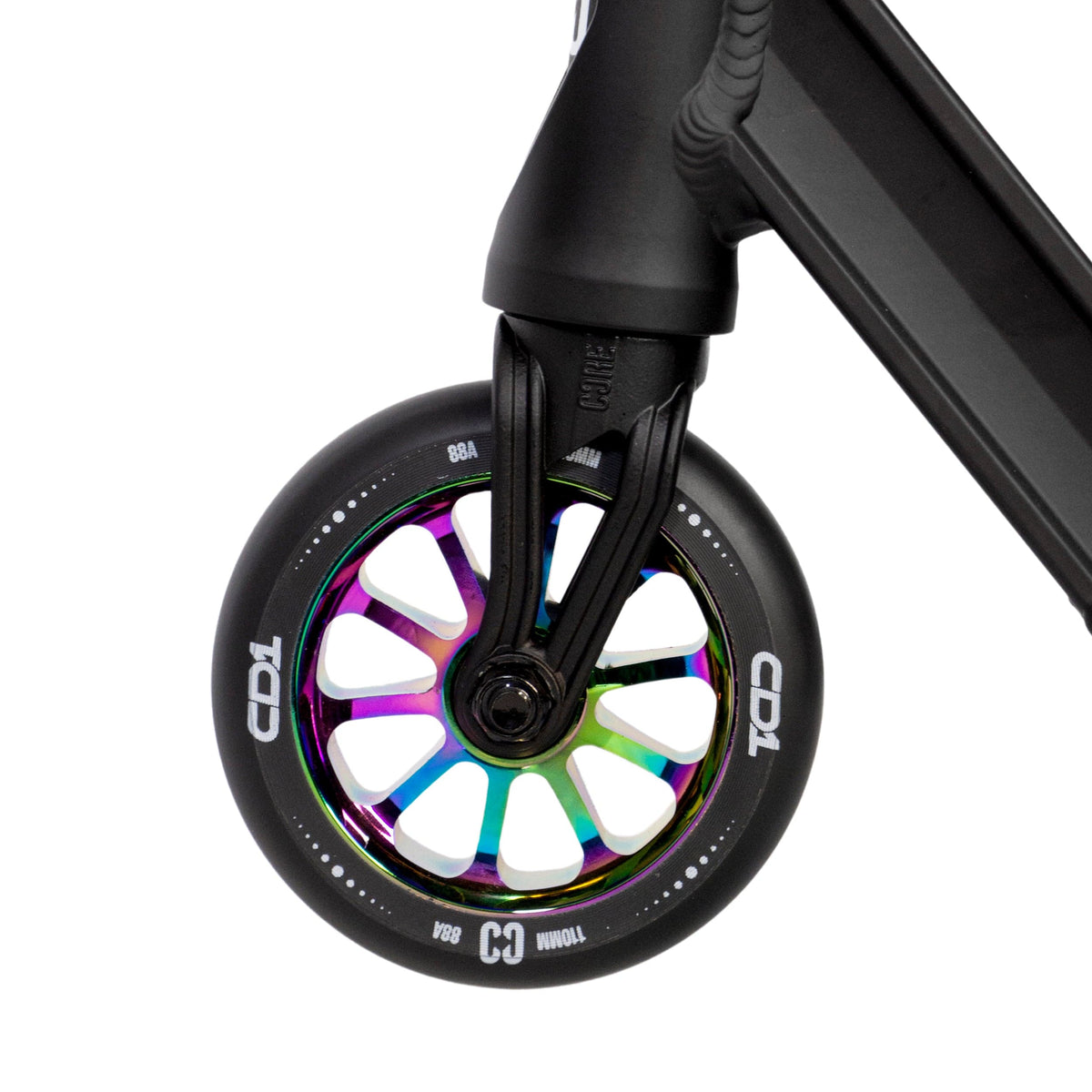 CORE CD1 complete stunt scooter in neochrome and black - front wheel detail