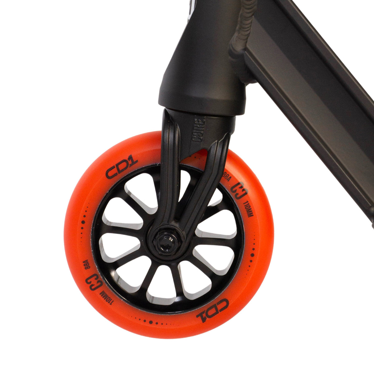 CORE CD1 complete stunt scooter in red and black - front wheel detail
