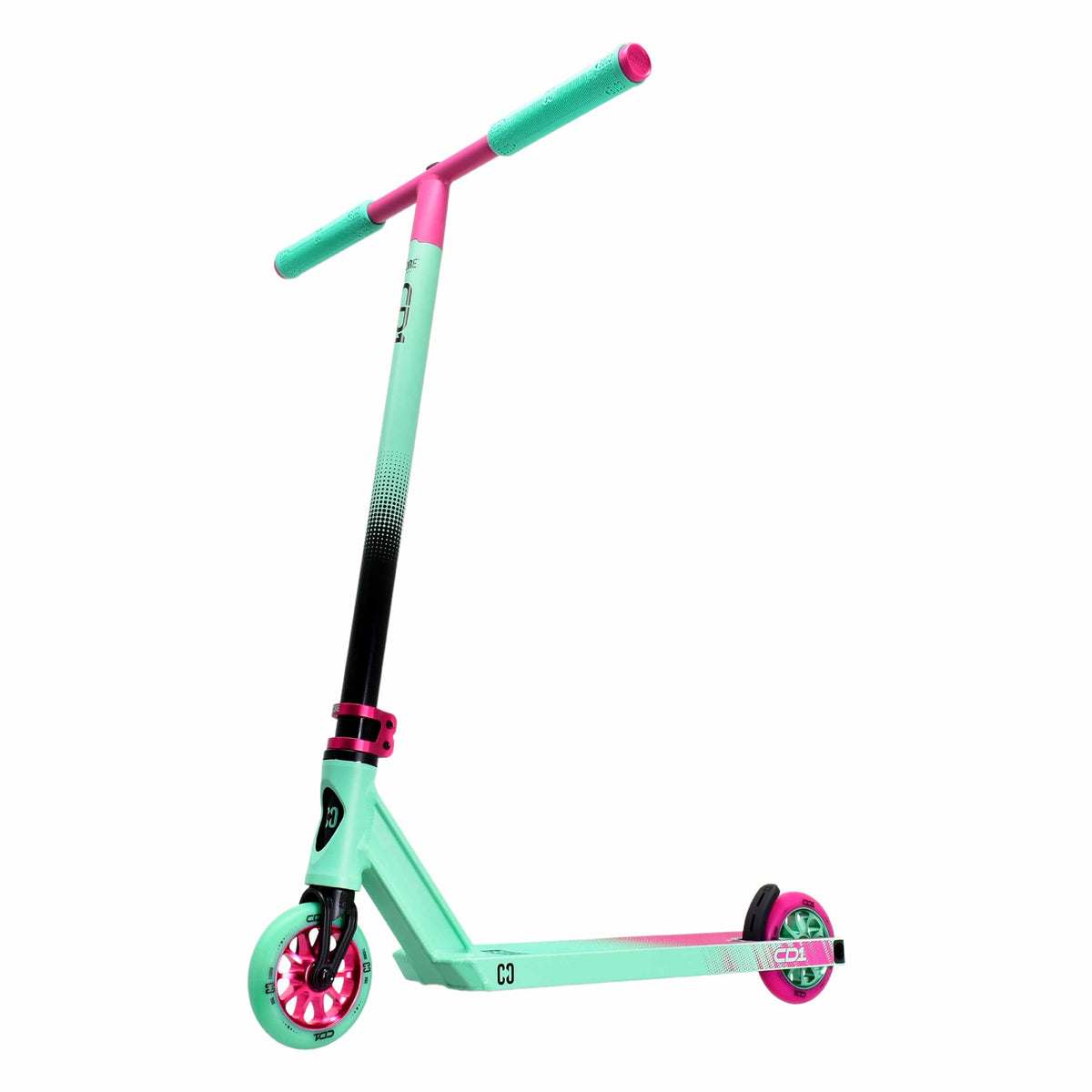 CORE CD1 complete stunt scooter in teal and pink - angled view