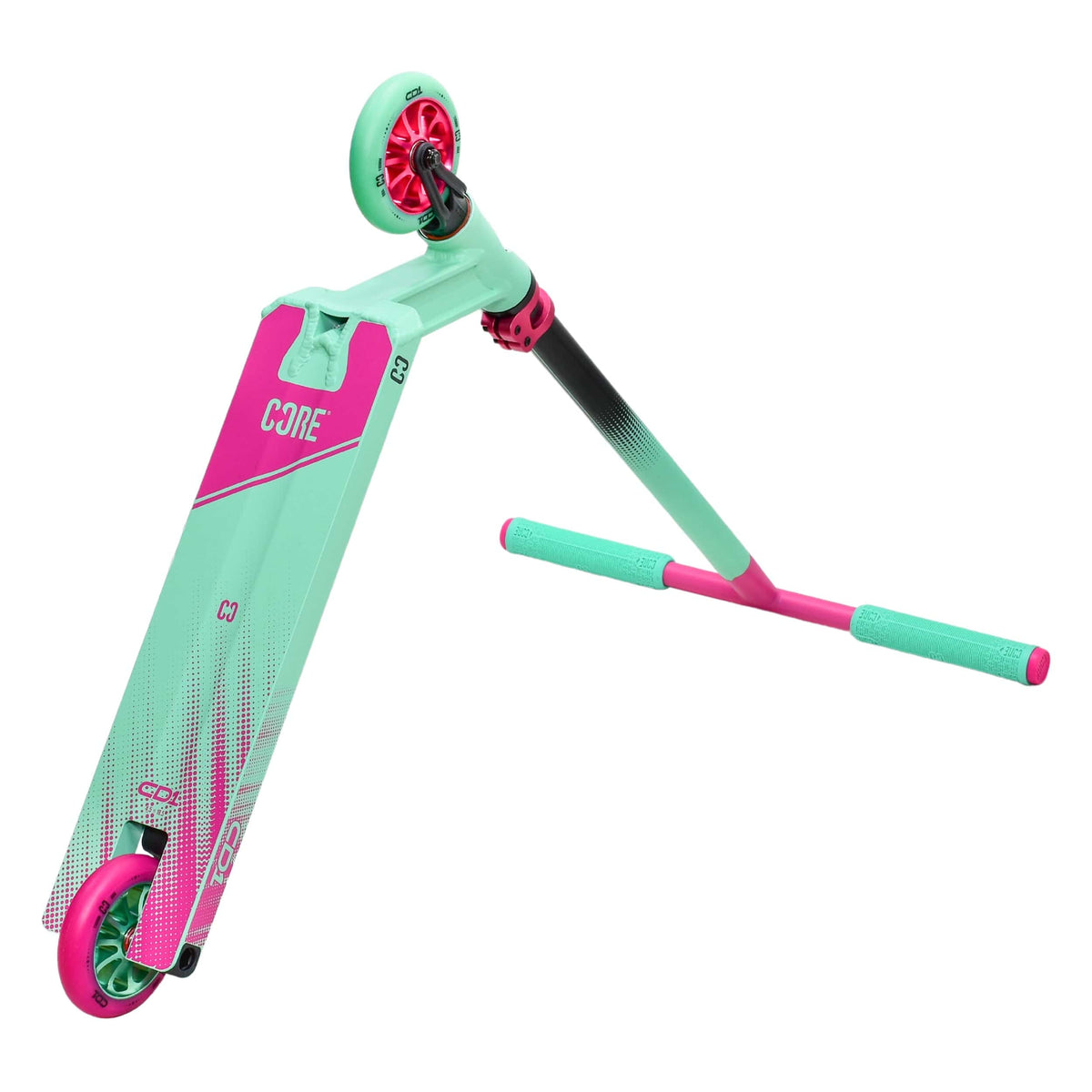 CORE CD1 complete stunt scooter in teal and pink - underside view