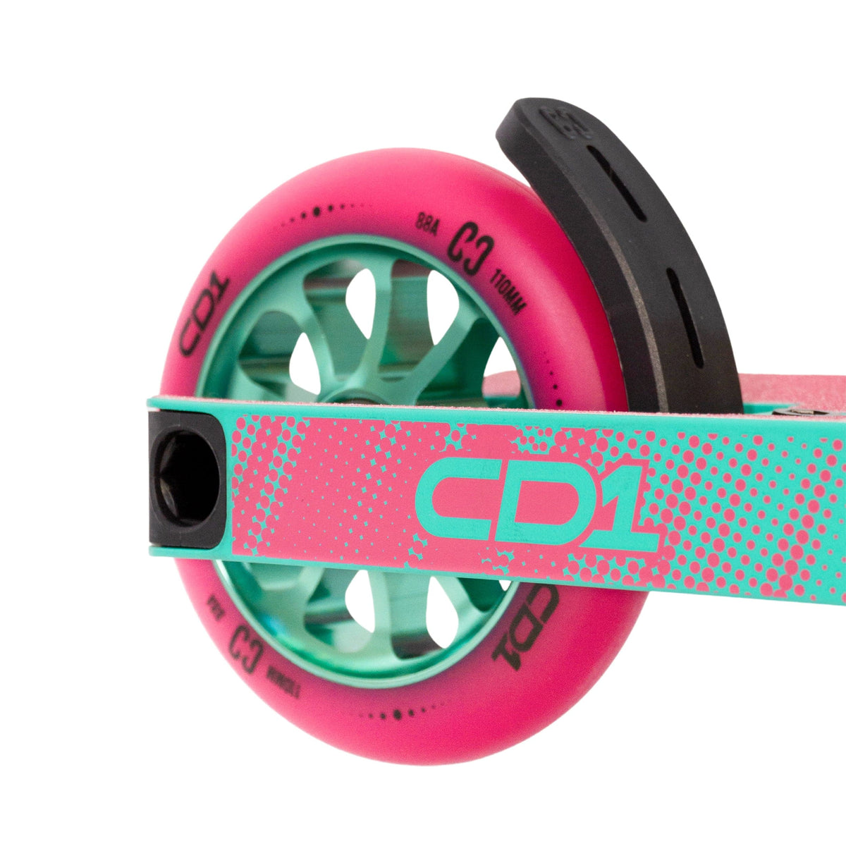 CORE CD1 complete stunt scooter in teal and pink - rear wheel detail