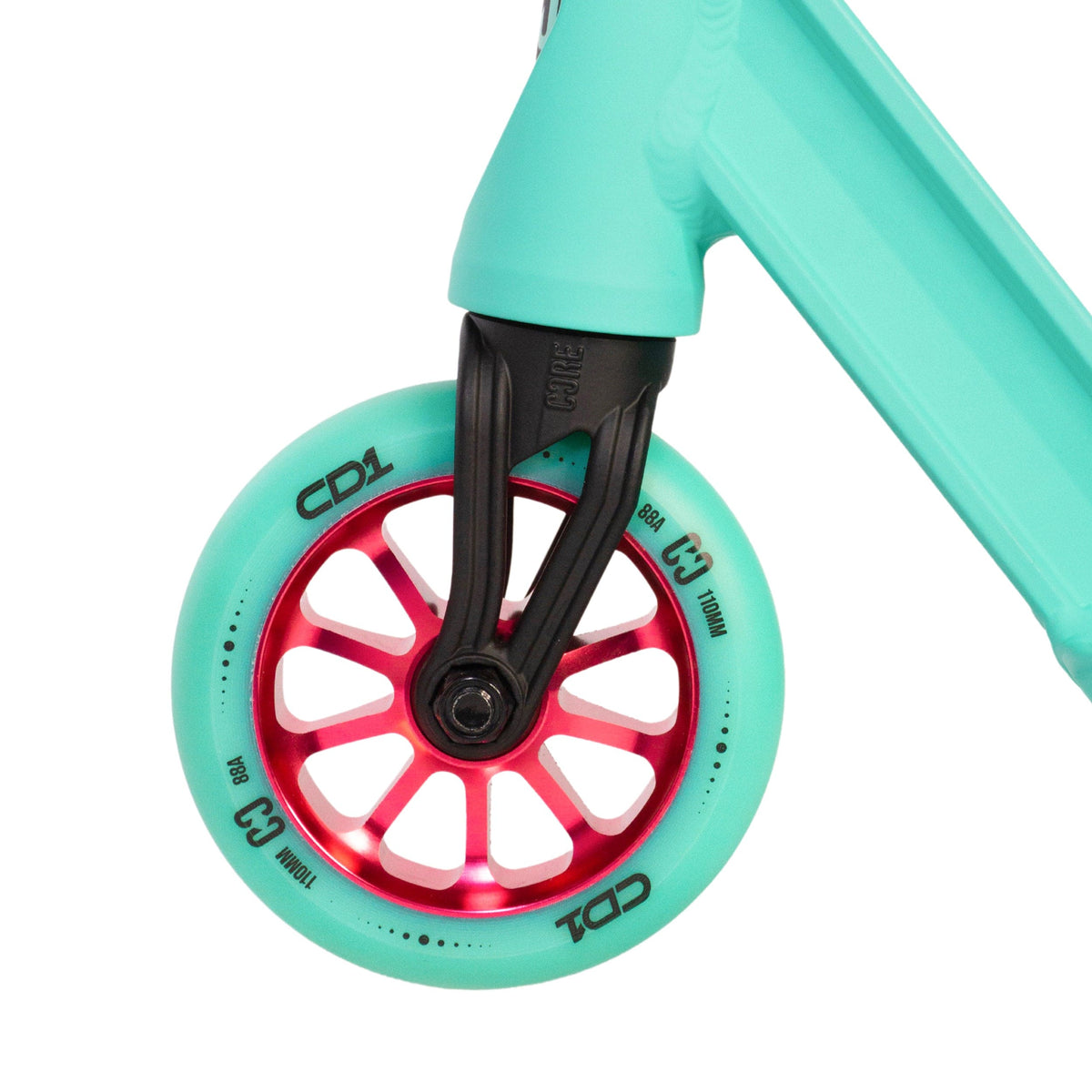 CORE CD1 complete stunt scooter in teal and pink - front wheel detail
