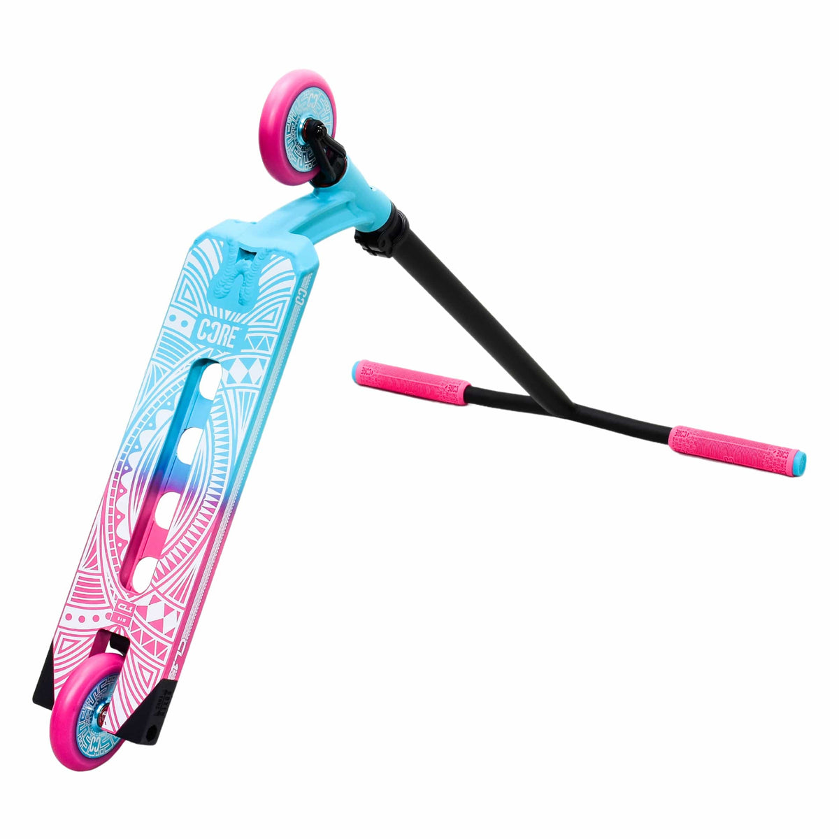 CORE CL1 complete stunt scooter in pink and teal - underside view