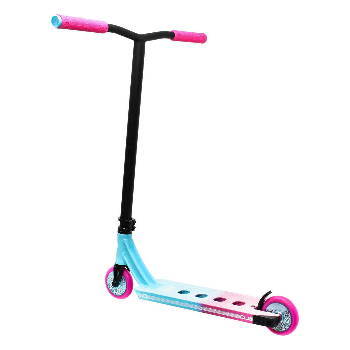CORE CL1 complete stunt scooter in pink and teal - three-quarter view