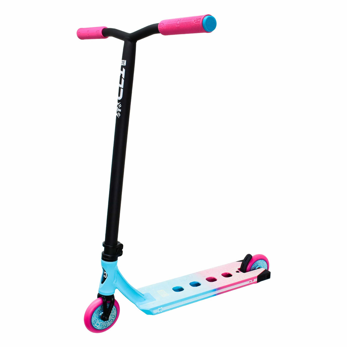 CORE CL1 complete stunt scooter in pink and teal - three-quarter view